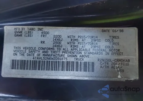 1998 Toyota Tacoma из США, поврежденный, VIN 4TAVL52N6WZ091875